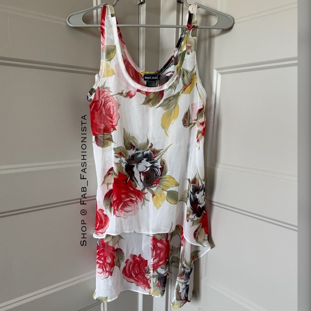 🛍️ Wet Seal White and Red Floral Tank Top hi lo